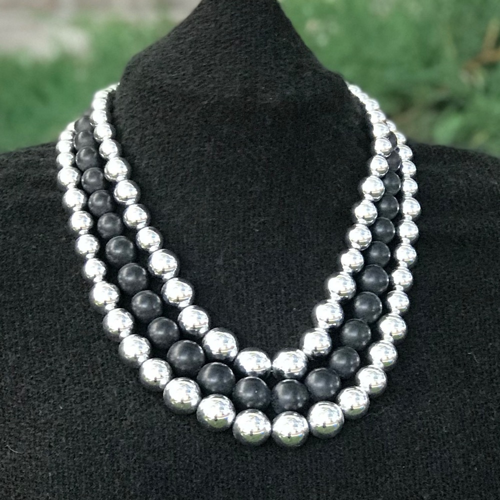 Lovely 3 Layered Black and Silver Beaded Necklace